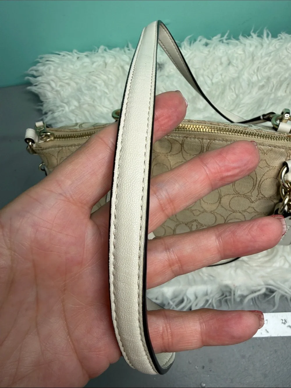 Authentic Coach Beige Canvas Signature Satchel with White Trim